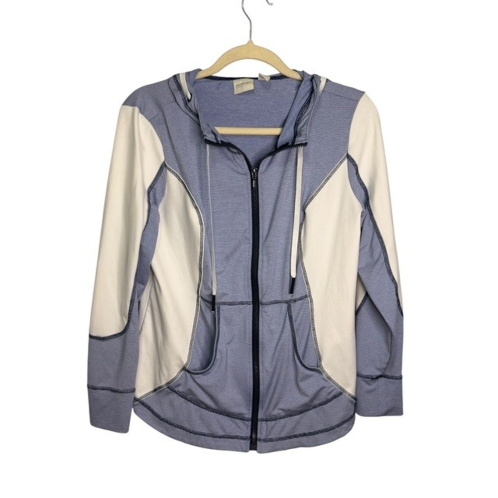 Chico's Sweatshirt Women's Medium Zenergy Athletic Hood Blue White Chicos 1